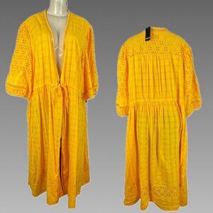Festi +4 Yellow Marigold Cotton Eyelet Tie Front 3/4 Sleeve Full-Length Kimono